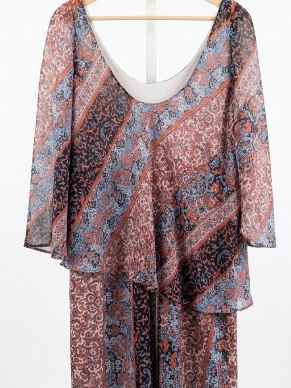 Relativity Sheer Layered Midi Dress in Rust and Blue Print